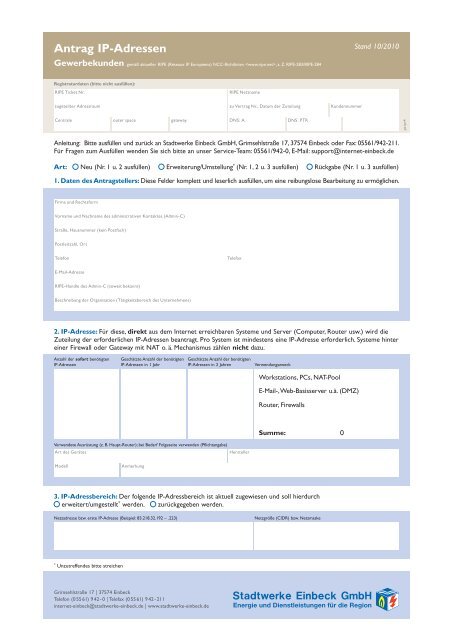 Antrag IP-Adressen - Stadtwerke Einbeck