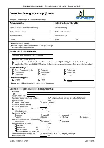 Datenblatt Erzeugungsanlage (Strom) - Stadtwerke Bernau