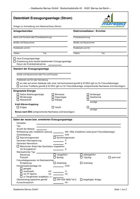 Datenblatt Erzeugungsanlage (Strom) - Stadtwerke Bernau