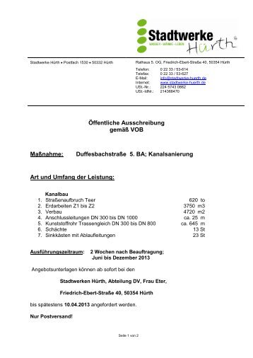 Öffentliche Bekanntmachung - Ausschreibung 5 ... - Stadtwerke Hürth