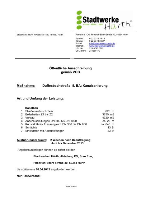 Öffentliche Bekanntmachung - Ausschreibung 5 ... - Stadtwerke Hürth