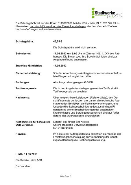 Öffentliche Bekanntmachung - Ausschreibung 5 ... - Stadtwerke Hürth