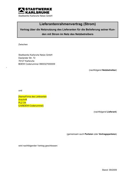 Lieferantenrahmenvertrag (Strom) - Stadtwerke Karlsruhe