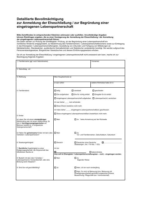 Bevollmächtigung zur Anmeldung der Eheschließung - München
