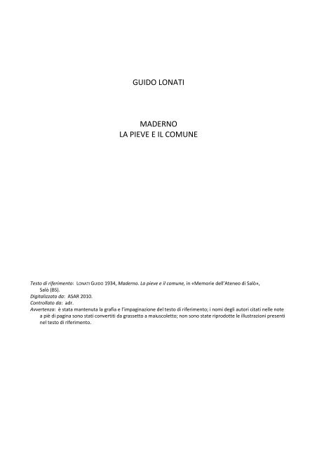 Guido Lonati, Maderno, la Pieve e il Comune, in - Archivi del Garda Guido Lonati, Maderno, la Pieve e il Comune, in - Archivi del Garda