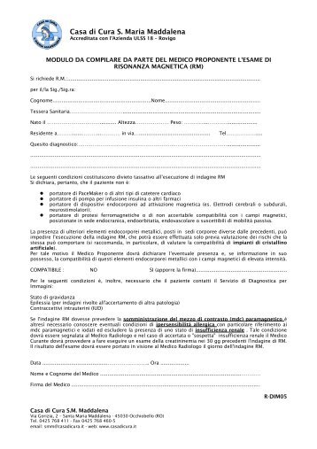 Consenso Informato per esami di Risonanza ... - Casadicura.It