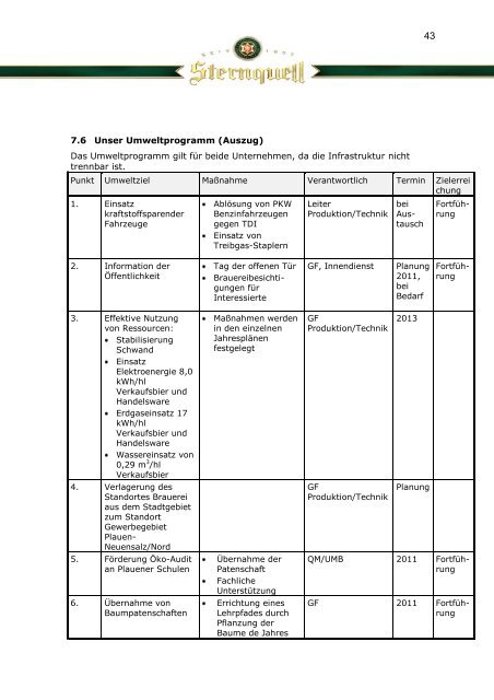 Umwelterklärung 2011 - Sternquell-Brauerei GmbH
