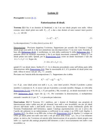 Lezione 22 Fattorizzazione di ideali. - Dipartimento di Matematica