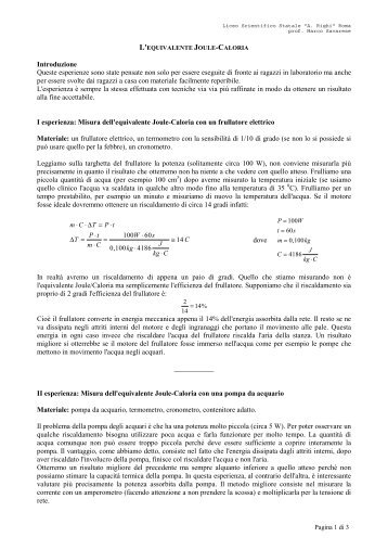 l'equivalente Joule - caloria - Pagina del prof M. Savarese