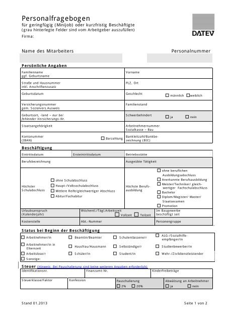 Personalfragebogen Geringverdiener Aushilfen
