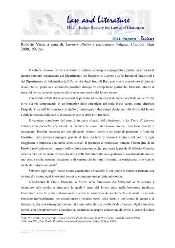 Roberto Voza, a cura di, Lavoro, diritto e letteratura italiana, Cacucci ...