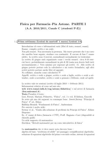 Fisica per Farmacia–Pia Astone. PARTE I - INFN Sezione di Roma