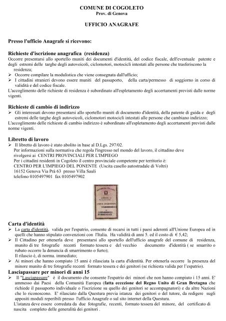 Richieste d'iscrizione anagrafica (residenza) - Comune di Cogoleto