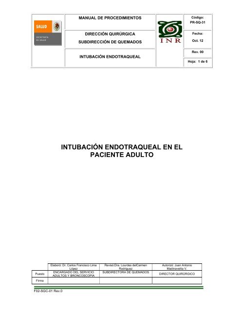 PR-SQ-31 Intubación Endotraqueal en el Paciente Adulto - Inicio