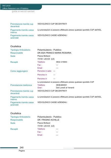 Guida ai servizi di ASL Lecce - Portale Regionale della Salute