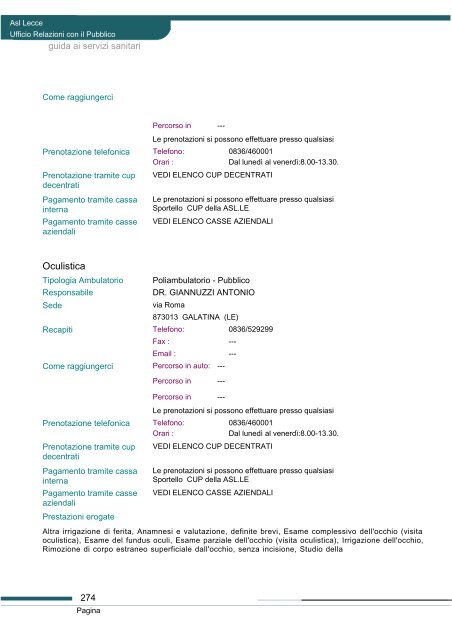 Guida ai servizi di ASL Lecce - Portale Regionale della Salute