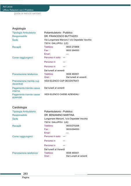 Guida ai servizi di ASL Lecce - Portale Regionale della Salute