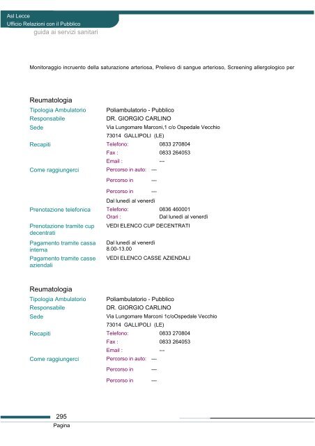 Guida ai servizi di ASL Lecce - Portale Regionale della Salute
