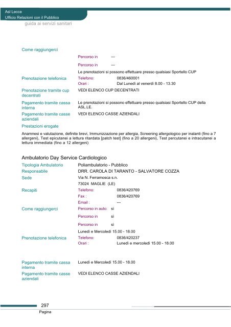 Guida ai servizi di ASL Lecce - Portale Regionale della Salute