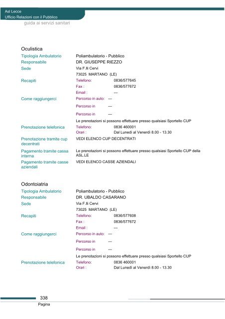 Guida ai servizi di ASL Lecce - Portale Regionale della Salute