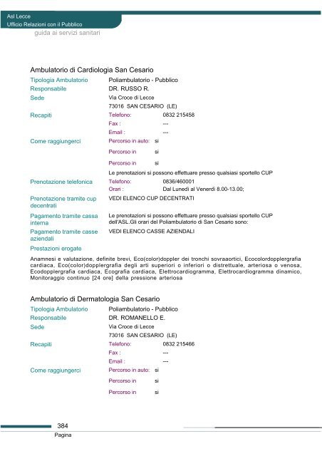 Guida ai servizi di ASL Lecce - Portale Regionale della Salute