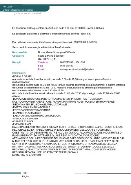 Guida ai servizi di ASL Lecce - Portale Regionale della Salute