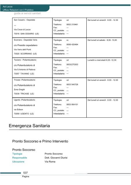 Guida ai servizi di ASL Lecce - Portale Regionale della Salute