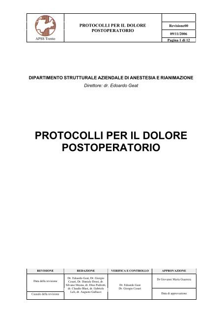 protocolli per il dolore postoperatorio