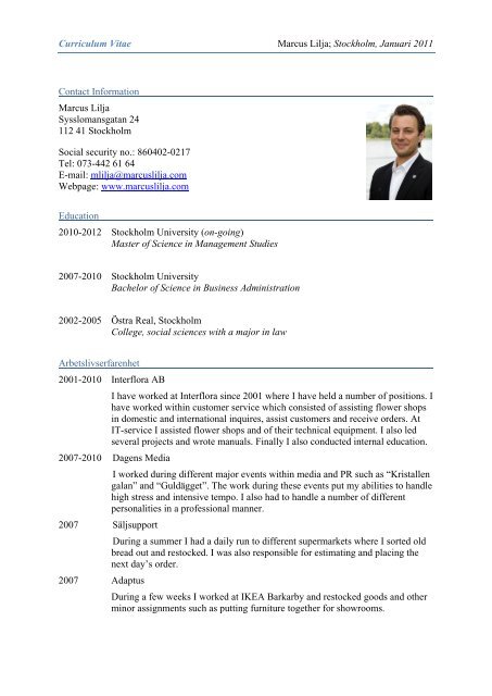 to read my CV (Pdf format - Välkomna till Marcus Lilja.com