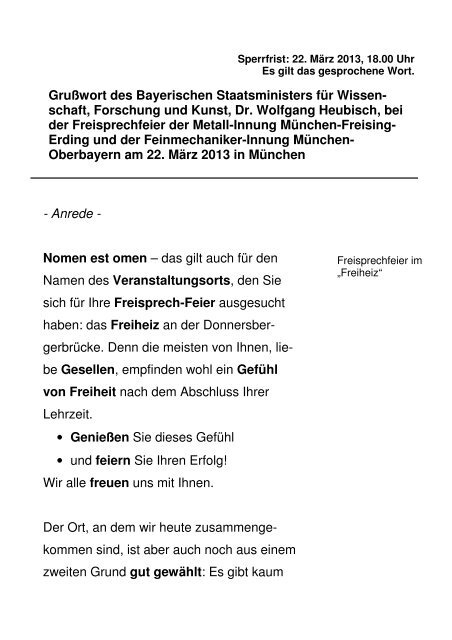 Rede bei der Freisprechfeier der Metall-Innung München-Freising ...