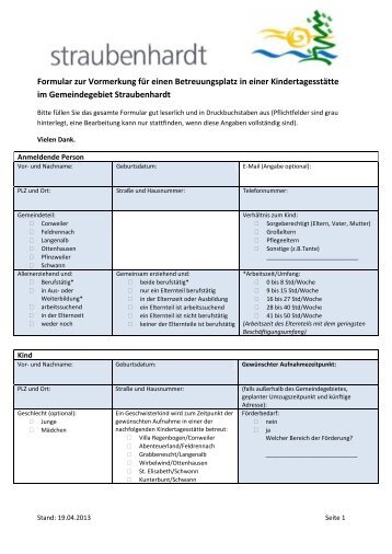 Formular zur Vormerkung für einen Betreuungsplatz ... - Straubenhardt