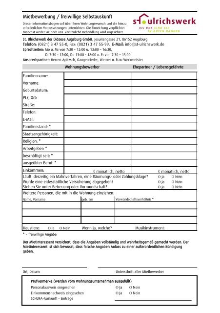 Mietbewerbung / freiwillige Selbstauskunft - St. Ulrichswerk