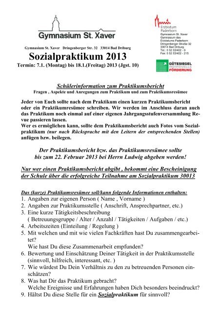 Schülerinformation - Praktikumsbericht - Gymnasium St. Xaver