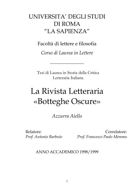 La Rivista Letteraria Botteghe Oscure Catalogo Informatico Delle