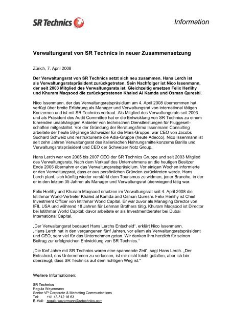 Verwaltungsrat von SR Technics in neuer Zusammensetzung