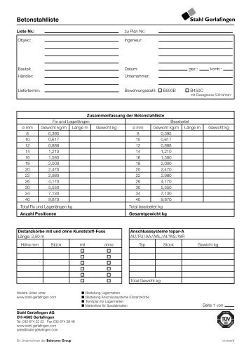 Betonstahlliste - Stahl Gerlafingen