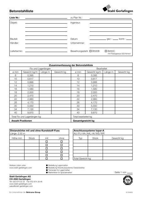 Betonstahlliste - Stahl Gerlafingen