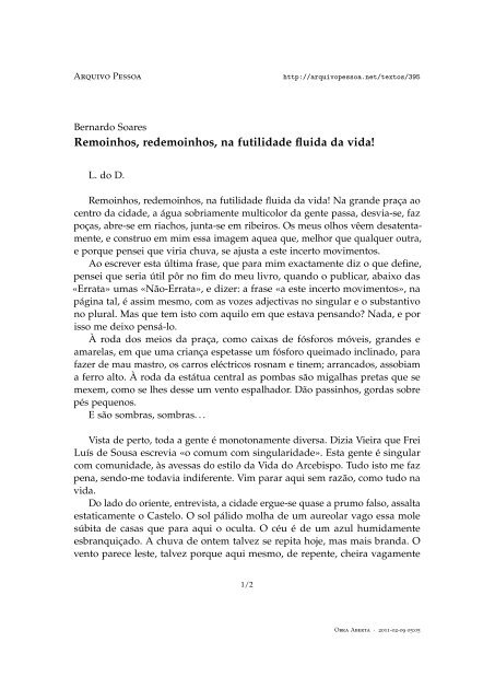 Remoinhos, redemoinhos, na futilidade fluida da ... - Arquivo Pessoa