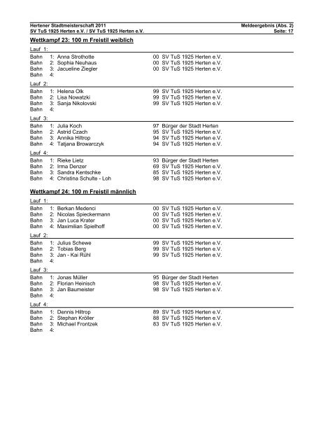 Meldeergebnis Stadtmeisterschaften und ... - Sv-tus-herten.de