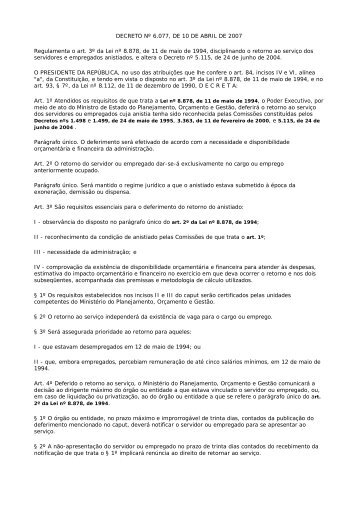 Decreto 6.077, de 10 de abril de 2007 - Ministério do Planejamento
