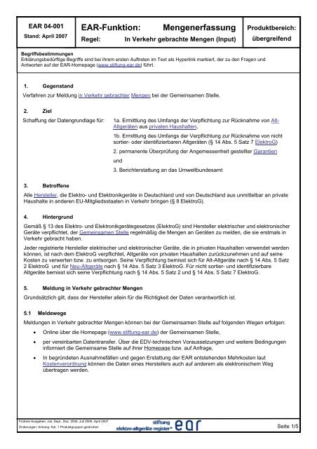 EAR-Funktion: Mengenerfassung - Stiftung Elektro-Altgeräte Register