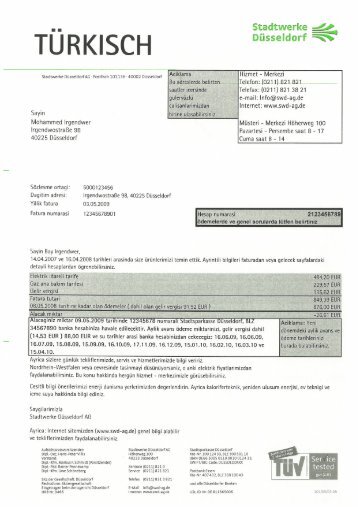 Rechnungserklärung auf Türisch - Stadtwerke Düsseldorf AG