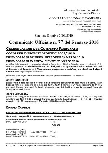 Comunicato Ufficiale n. 77 del 5 marzo 2010 - Figc Campania