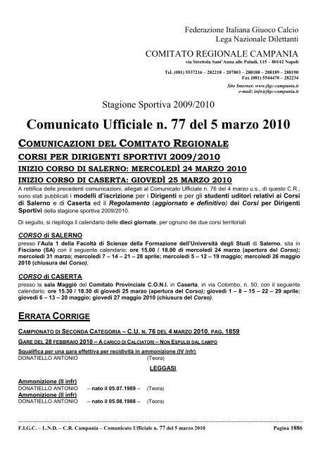 Comunicato Ufficiale n. 77 del 5 marzo 2010 - Figc Campania
