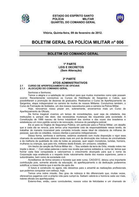 BOLETIM GERAL DA POLÍCIA MILITAR nº 006 - Polícia Militar do ...