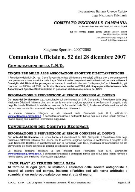 Comunicato Ufficiale n. 52 del 28 dicembre 2007 - Informacalcio.it