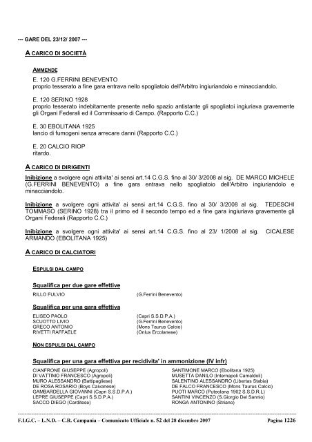 Comunicato Ufficiale n. 52 del 28 dicembre 2007 - Informacalcio.it