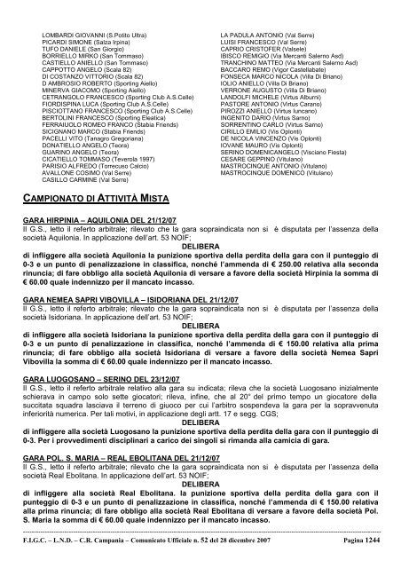 Comunicato Ufficiale n. 52 del 28 dicembre 2007 - Informacalcio.it