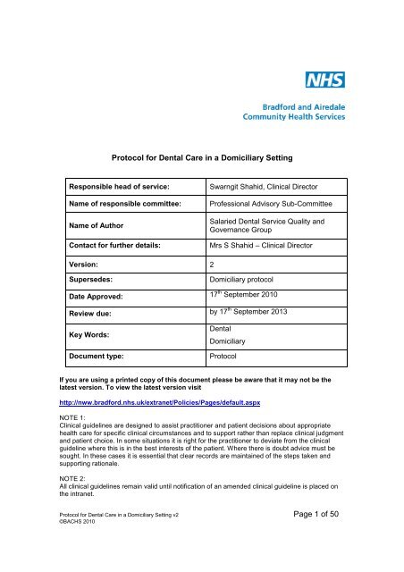 Dental Care in Domiciliary Setting Protocol - NHS Bradford and ...