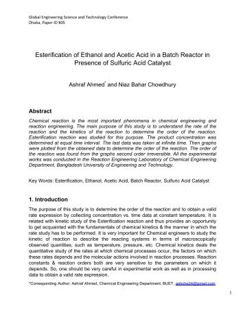 Esterification of Ethanol and Acetic Acid in a Batch Reactor in ...